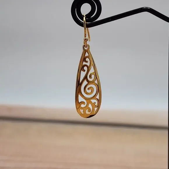 Yellow Gold Plated Sterling Silver Teardrop Filigree Drop Dangle Hook Earrings - Picture 4 of 9